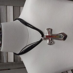 Colorful Cross Pendant Necklace on Multi-Strand Black Cord